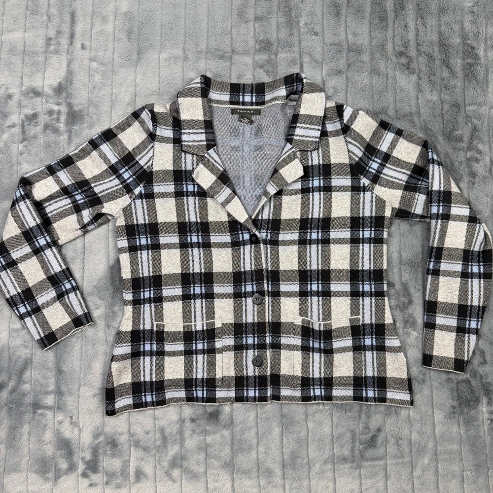 Tahari Womens XL Plaid Knit Button Front Cardigan Sweater Blazer Blue Grey Black